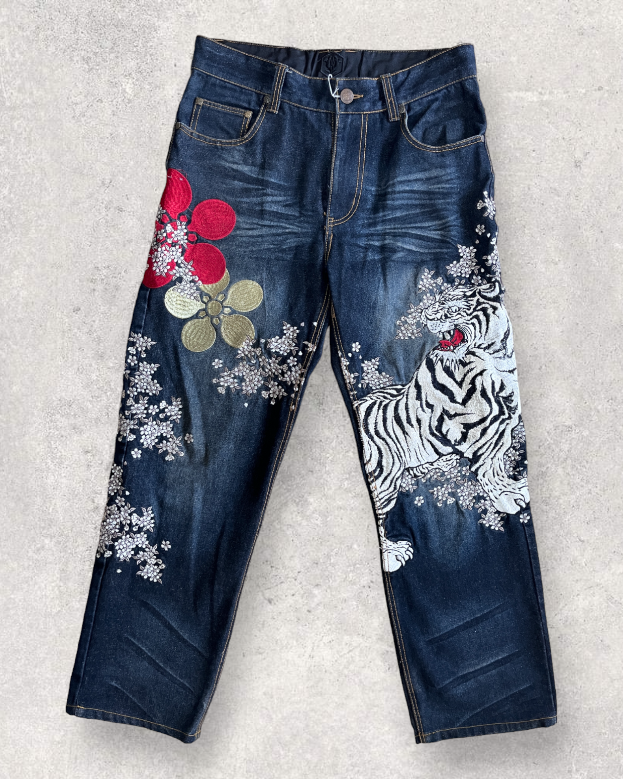 Vintage Embroidered Floral Jeans, Blue Embroidered Denim Pants