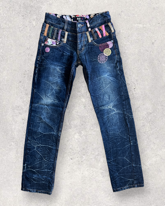 Double waist pattern colorfull embroidery vintage jeans