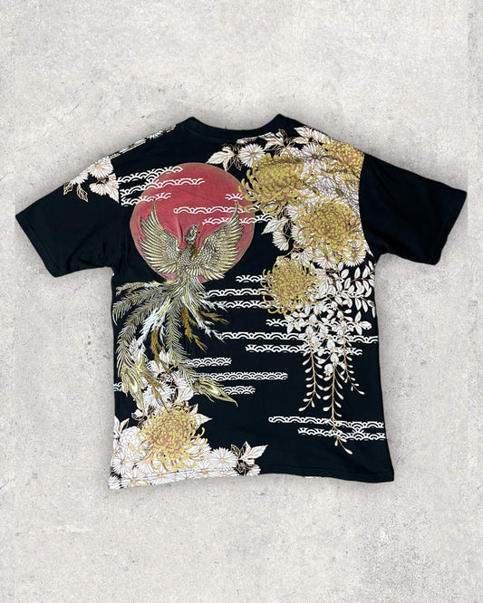 Kacho-fu-getsu Luxury Embroidery Japanese Pattern Phoenix Short-sleeved Vintage t-shirt XL Size