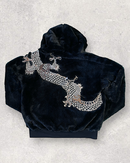 【L】KARAKURI TAMASHII Fleece Hoodie Dragon Embroidery Beautiful jacket | Vintage