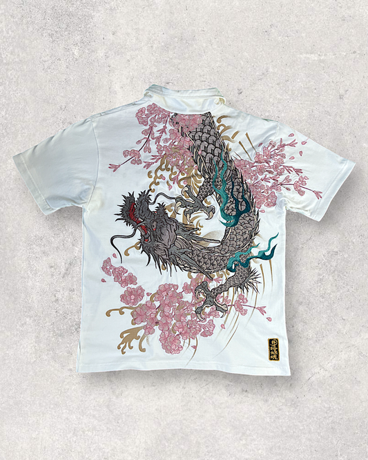 [L]Karakuri T-shirt Short Sleeve Old Clothes Embroidery Sakura Dragon Men's L | Vintage