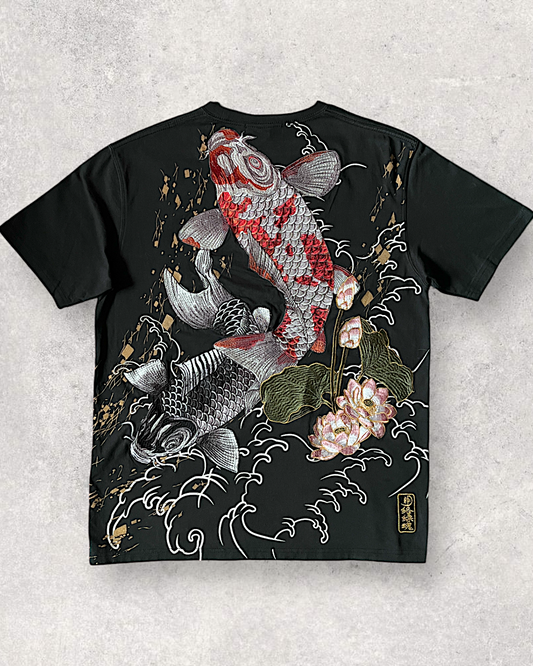 [XL]Ultra rare embroidery KOI jumping T-shirts | vintage