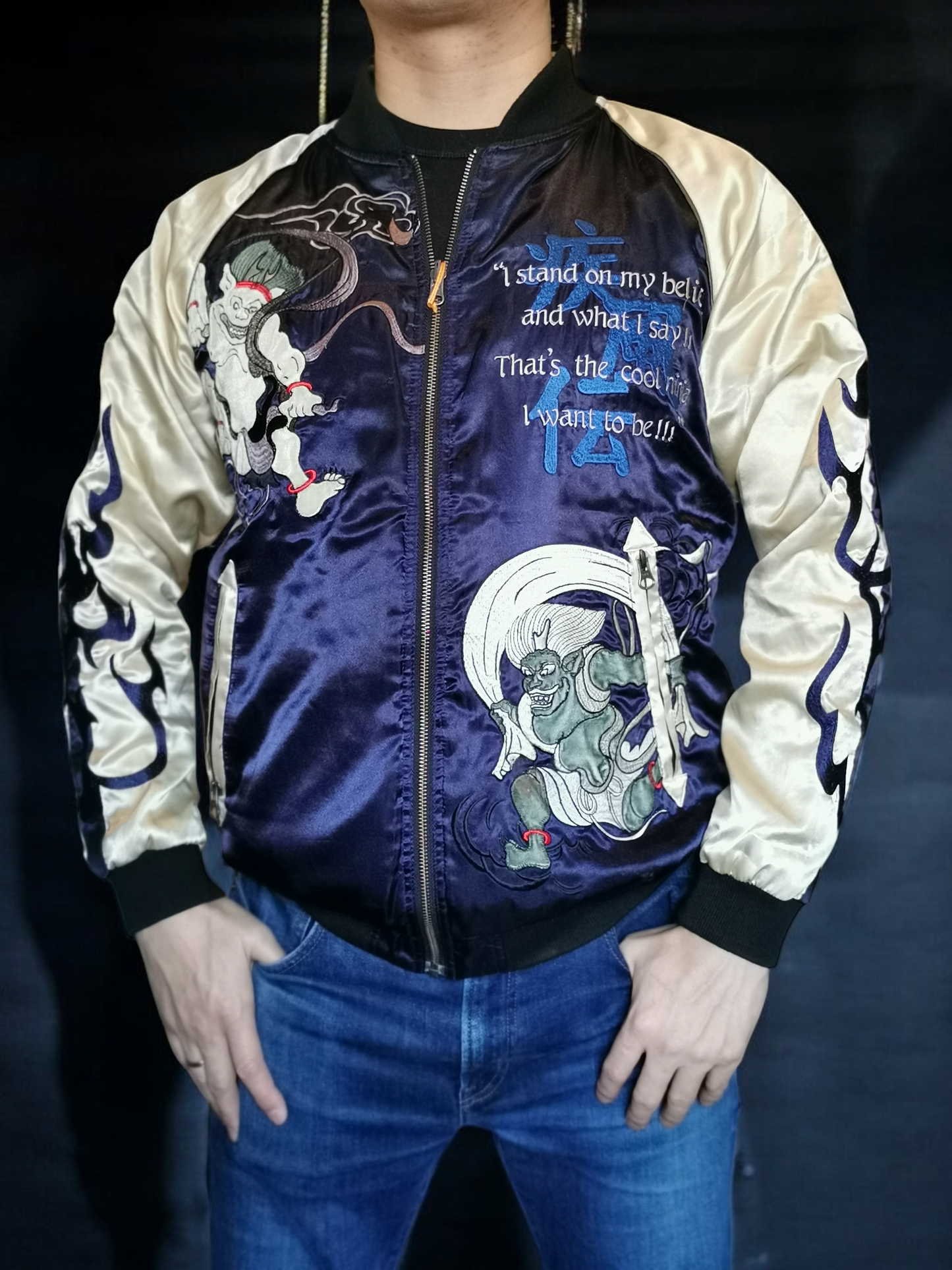 Bomber jacket [NARUTO NINE TAIL FOX x Wind of God and Thunder of God]  Vintage / Reversable