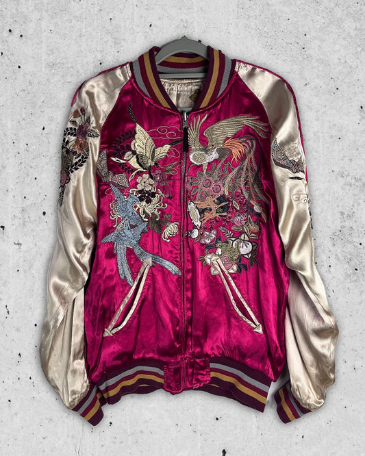 Bomber jacket [SPRING CALLS Butterfly x phoenix x frog x chrysanthemum] Red Pink Vintage / Reversable  Size:M